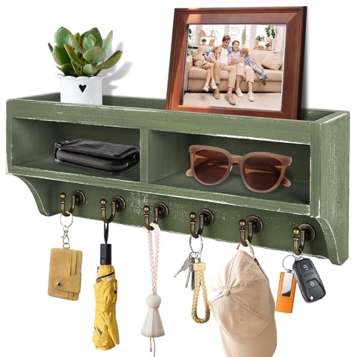 Key Holder Wall Mount - Mail Organizer Wall Mount with 6 Key Hooks and Storage Box for Sunglasses Storage and Dog Leash Holder Home Decor Rack Apartment Farmhouse Shelf Entryway Organizer (Green) - color: Green