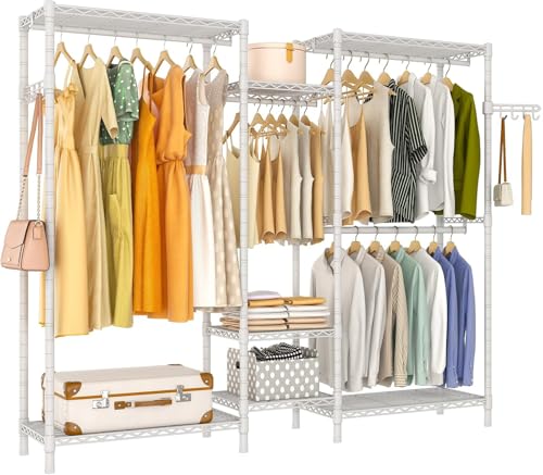 Heavy Duty Garment Rack, Portable Wardrobe Clothes Rack Freestanding Adjustable Clothing Rack with 7 Tiers Adjustable Wire Shelving and 4 Hanger Rods, Max Load 920LBS, White - color: White, size: B3: 5 Tiers with 4 Rods,72.4"L x 15.7"W x 76.8"H