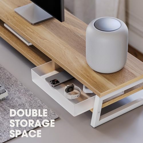 Fenge Dual Monitor Stand, Monitor Riser with Drawer, 42.5 Inch Large Computer Monitor Stand for 2 Monitors, 2 Tier Wooden Desk Shelf for Top of Desk - color: Dark Oak
