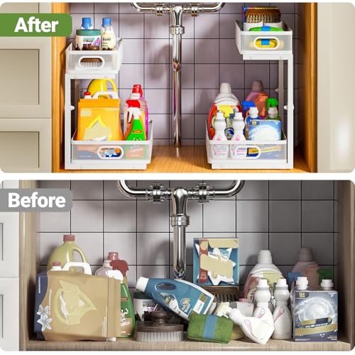Under Sink Organizer 2-Pack, Metal 2-Tier Pull-Out Cabinet Shelf with Slide-Out Mesh Drawers, Height Adjustable, Space-Saving Under Sink Storage Racks for Kitchen, Bathroom, Laundry Room, White - color: White