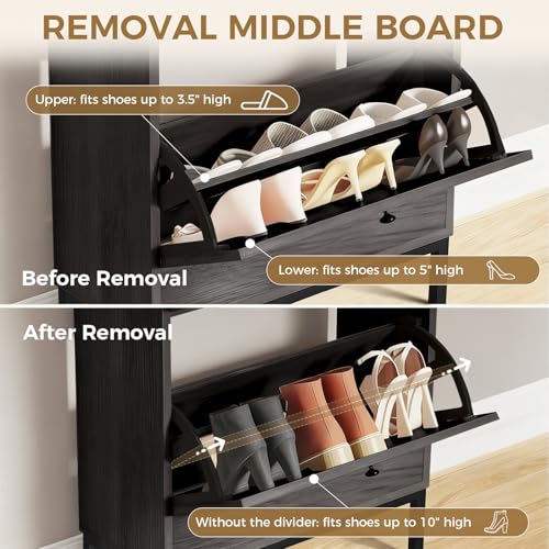 LUCKLIFE Shoe Cabinet with Charging Station, Flip Down Shoe Storage Organizer with Adjustable Shelves, Hidden Slim Shoe Rack with Anti-Tip Kit for Entryway or Hallway, Black Wood