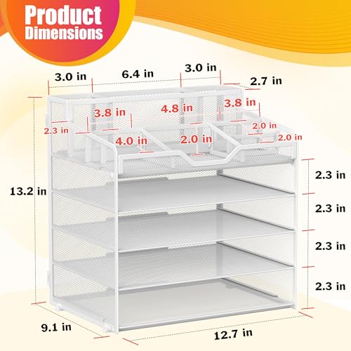 Docnest 5 Tier Mesh Desk Organizer for Paper Office Supplies – Multi-Functional Letter Tray with 5 Adjustable Compartments, 3 Pen Holders, Desktop Storage for Files, Mail, Stationery – White - color: White, size: 12.7" x 9.1" x 13.2"