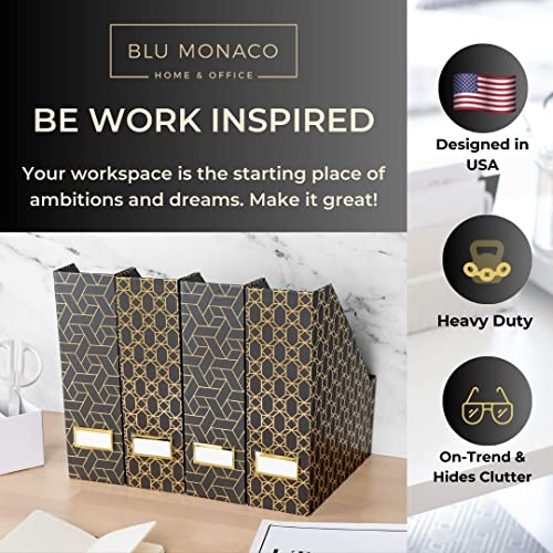 BLU MONACO | Set of 4 Black & Gold Geometric Magazine File Holders with Gold Label Holders | Stylish Vertical File Organizer Boxes for Desk, Bookshelf & Office Storage - color: Dark Grey and Gold