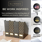 BLU MONACO | Set of 4 Black & Gold Geometric Magazine File Holders with Gold Label Holders | Stylish Vertical File Organizer Boxes for Desk, Bookshelf & Office Storage - color: Dark Grey and Gold