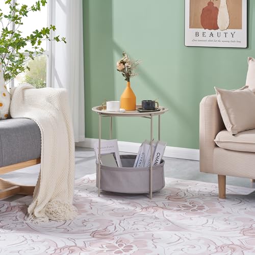 VECELO Round Side/End Table with Fabric Storage Basket，Metal Anti-Rust and Waterproof Small Bedside Nightstand with Removable Tray Top for Living Room，Balcony & Laundry，Grey /2pcs with Basket - color: Grey, size: 2 PCS