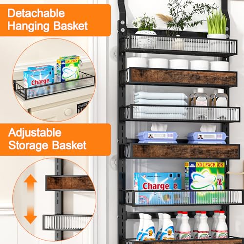6 Tier Over the Door Pantry Organizer 2 IN 1 Hanging or Wall Mounted Spice Rack with Adjustable Basket,Heavy Duty Seasonning Storage Shelf for Kitchen Pantry and Bathroom,Black - color: Black, size: 6 Tiers