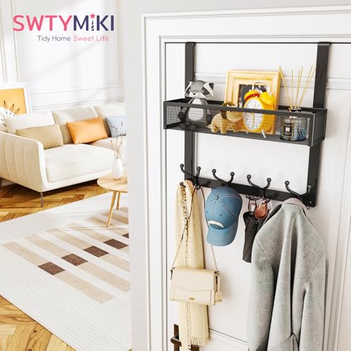 SWTYMIKI Over The Door Hook with 16 Hooks & Mesh Baskets - Heavy Duty Over The Door Organizer Hanger for Towels, Coats, Clothes - Space Saving Hanging Rack for Bathroom, Living Room, Black - color: Black-1 Basket