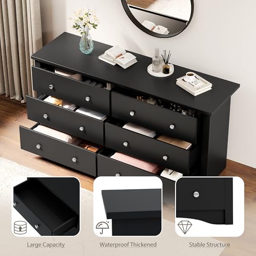 YESHOMY Black Dresser for Bedroom,6 Drawer Dressers, Storage Chest of Drawers for Hallway,Living Room, Entryway - color: Dark Black