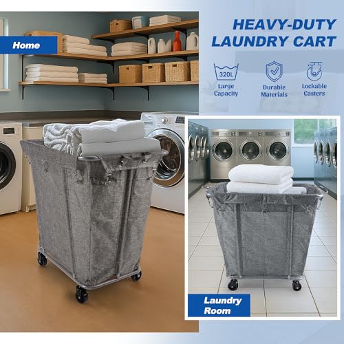 PLKOW Laundry Cart with Wheels 320L Large Rolling Laundry Cart for Commercial/Home, Rolling Laundry Basket with Steel Frame and Waterproof Lining, 9 Bushel, 32.3L x 19.7W x 30.7H Inch, Grey - color: Grey-320L