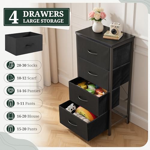 Nightstand Upgraded, 4 Drawer Dresser End Table Bedside Furniture with Wooden Top Steel Frame Fabric Bins for Bedroom, Closet, Entryway, Dorm, Living Room, Soft Black - color: Soft Black, size: 11.8"D x 17.7"W x 37.4"H (4 Drawers)