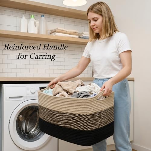Optish 75L Large Blanket Basket, Woven Storage Baskets with Reinforced Handles, Rope Laundry Basket for Living Room, Bedroom, Nursery, Toys, Clothes, Pillows, 22” x 17” x 11.5”, Black & Brown - color: Black & Brown, size: 22" x 17" x 11.5"(75L)