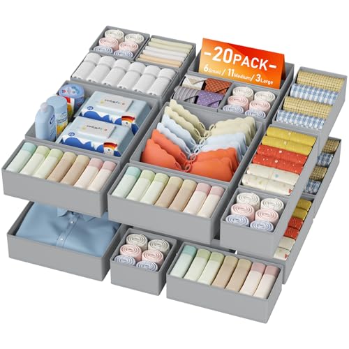DIMJ Drawer Organizer Clothes - 20 Pack Closet Drawer Organizer Bins for Baby Clothes Storage, Fabric Dresser Organizer for Nursery Bedroom, Foldable Small Drawer Dividers for Underwear Socks - color: Light Gray, size: 20 Pack