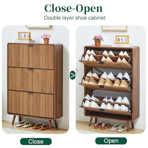 FurSch Fluted 47 Inch Tall Shoe Cabinet with 3 Flip Drawers, Narrow Hidden Shoe Storage Organizer Rack for Entryway Hallway (All Walnut) - color: All Walnut