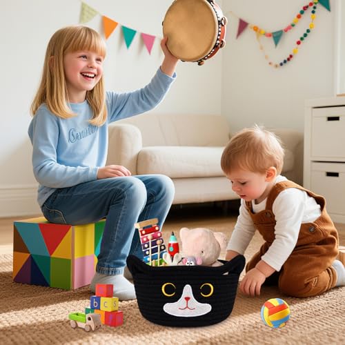 Cat Basket for Nursery, Small Storage Basket, Black Woven Rope Cotton Storage, Baby Blanket Bin with Cat Ears Handles, Animal Blanket Towel Halloween Decor Storage Bins, 8.2" x 4.7" IN - color: Black White, size: 9 × 5 inches