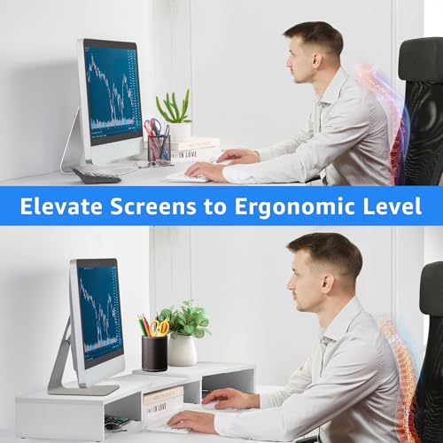 La Jaco Dual Monitor Stand Riser for 2 Monitors, Monitor Stand for Desk, Adjustable Length & Swivel Angle Wooden Desktop Organizer Stand Riser with Smartphone Holder for PC Monitor Laptop, White - color: White
