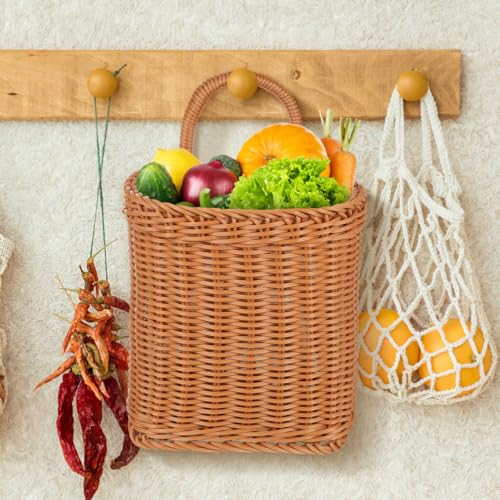 DOITOOL Hanging Storage Basket Woven Wall-Mounted Organizer for Kitchen and Entryway Vintage Style Garlic and Utensil Holder 4.3 X 6.7 X 4.3 Inch