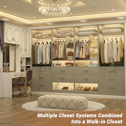 Besiost 4FT Closet Systems with 5 Wood Drawers, 48 Inch Closet Organizer System with 2 Hanging Rods & 7 Shelves, Heavy Duty 48" Walk-in Closet, Grey (48"L x 15" W x 80" H) - color: Grey