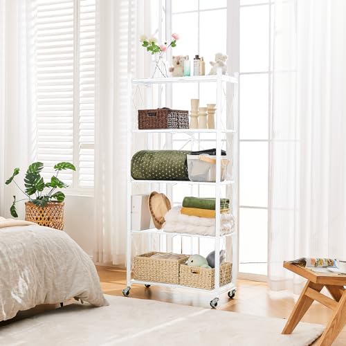BRIAN & DANY 5-Tier Foldable Storage Shelves with Wheels, Folding Metal Rack Shelving Unit, Heavy Duty No Assembly Organizer Shelf for Garage, Kitchen, Basement, Pantry, White - color: White, size: 5-tier
