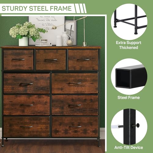 Dresser for Bedroom, 9 Storage Drawers, Anti-Tip Tall Fabric Closet Chests Organizer Tower Furniture with Wooden Top Metal Frame for Clothes, Living Room, Hallway, Entryway