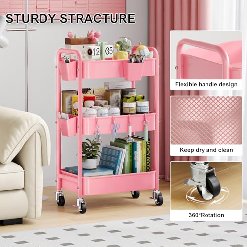 3 Tier Rolling Cart Metal with Lockable Wheels, Pink Three Tiered Diaper Caddy Cart Organizer on Wheels, Storage Utility Trolley Carts for Craft, Art, Nail, Lash, Baby Supplies, Cleaning, Mesh - color: Soft Pink, size: 3-Tier + Cups + Hooks