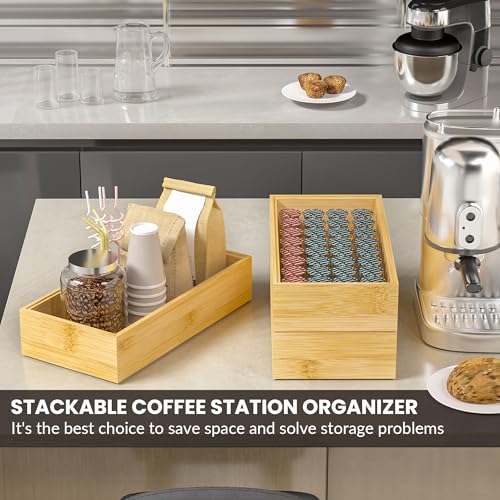 Kitchen Drawer Organizer Bins, Stackable Bamboo Drawer Organizer for Silverware, Flatware, Coffee Pod Organizer K Cup Holder for Countertop, 2 Pcs Coffee Station Organizer 12" x 6" x 2.5" - color: Bamboo, size: 12 x 6 x 2.5 Inch