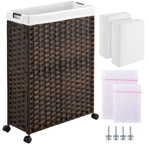 Greenstell Laundry Hamper with Wheels, 17.4 Gallon (66L) Slim Laundry Basket with 2 Removable Liner Bags & 2 Mesh Bags, Narrow Rattan Clothes Hamper for Bedroom, Laundry Room, Bathroom, Brown - color: Brown, size: 66L (19.7 x 7.9 x 27.6 inches)