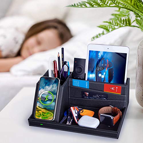 Valet Tray, Built in Wireless Charging Pad, Nightstand Organizer, Dresser Organizer, Mens Jewelry Box, Valet Charging Station, Faux Leather Valet Tray for Men and Women (Black+Wireless) - color: Black