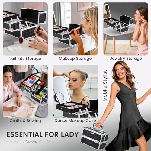 Joligrace Makeup Box Cosmetic Train Case Portable Makeup Organizer Case with Mirror 2 Tray Make up Storage Case for Nail Teach Craft Sewing Travel Vanity Modern Style Black - color: Black