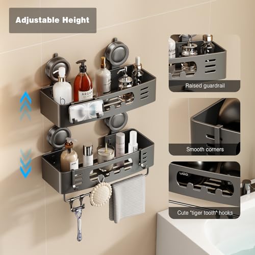 Voldra Shower Caddy Suction Cup, Shower Shelves for Inside Shower No Drilling, Aluminum Suction Showers Organizer for Wall with Towel Bar & Hooks Removable Bathroom Storage Rack(1 Pack-Gray) - color: Grey-Rectangle, size: 1 Pack