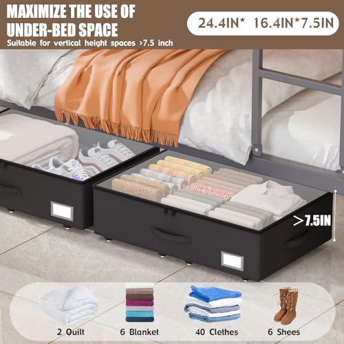 EE-RoomWorld Underbed Storage Bins with Wheels, No Assembly Required - 7.5 inch height Black Large Capacity Rolling Underbed Containers for Shoes, Dorm under bed storage drawers - color: Black, size: 7.5 inch height
