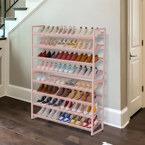 Large Shoe Rack 8 Tier Shoe Organizer, Heavy Duty Metal 4-Tier Stackable Shoe Storage Vertical Shoe Rack for Closet Front Door Entrance, Up to 50 Pairs, 44.8" W x 11.4" D x 56.7" H, Pink - color: Pink, size: 8 Tier