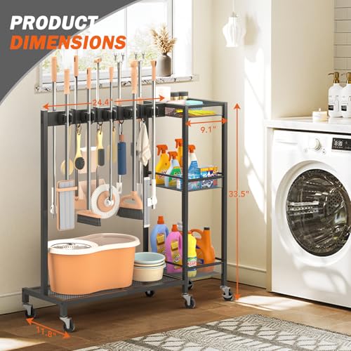 Broom Holder with Cleaning Supplies Organizer, Broom Closet Storage Cabinet with Cleaning Caddy, Cleaning Cart with Mop Hanger Gripper Rack Hooks,Janitorial Housekeeping cart,Laundry Room Organization - size: Large