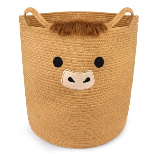Highland Cute Cow Basket for Nursery, Tall Large Laundry Blanket Gift Basket, Woven Rope Cotton Storage for Clothes, Baby Shower Hamper 0rganizer with Ears Handles, 53L Clothes Bins,15"D×18"H - color: Brown, size: 15"D ×18 "H