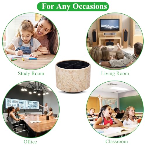 Hennaja Round Leather Art Supply Organizer,Remote Control Holder,360 Degree Spinning,Multi-Functional Pencil Holder,4 Compartments Desktop Stationary Organizer(1-Carved Light Brown) - color: 1-Carved Light Brown