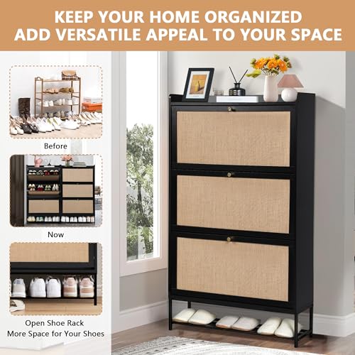 Shoe Cabinet Storage for Entryway, Narrow Shoe Cbinet with 3 Filp Drawers, Wood Freestanding Shoe Organizer Cabinet with Metal Legs, Hidden Storage Behind Door for Hallway, Living Room (Black) - color: Linen-black, size: 3 Drawer-Divider