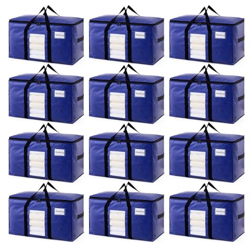 TAILI 12 Pack Dark Blue Extra Large Moving Bags, Heavy Duty Totes with Visible Window, Wrap Around Handles, Great for Space-Saving - color: Dark Blue, size: 12 Large