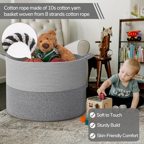 INDRESSME 115L Extra Large Blanket Basket, Cotton Rope Basket for Nursery Living Room, Decorative Woven Storage Baskets with Handles for Dirty Clothes, Toy Bin For Dog Toys, Grey - color: Light & Dark Grey, size: 23.6"D x 15.7"H