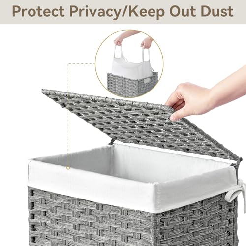 Chrislley 90L Slim Laundry Hamper with Wheels, Rolling Laundry Basket with Lid and Renovable Liner Bag, Handwoven Rattan Organizer for bedroom, bathroom, laundry room (Grey) - color: Grey