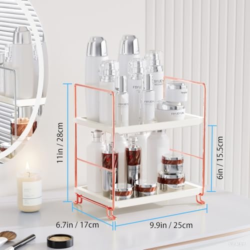 FSyueyun 2-Tier Bathroom Countertop Organizer, Tool-Less Installation Premium Plastics Makeup Shelf Organizer Perfume Skincare for Dresser Vanity Tray Organizers and Storage (Rose Gold) - color: Rose Gold