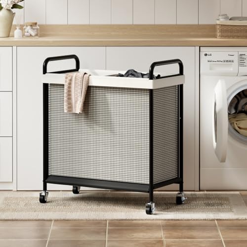 WOWLIVE Laundry Hamper 2 Section, 100L Rolling Laundry Basket with wheels and Removable Liner Bag, Double Laundry Sorter with Metal Handle, Clothes Hamper for Laundry Room, Bathroom and Dorm, Beige - size: 2-Section
