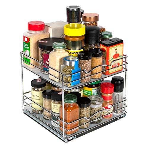 2 Tier Pull-Out Cabinet Spice Rack Organizer - Slim Slide-Out Storage for Spices, Bottles & Jars, Premium Heavy-Duty Steel, Easy Install for Narrow Kitchen Cabinets -10-1/2"Wx10-3/8"Dx8-7/8" H, Chrome - size: 10 Inch-Double