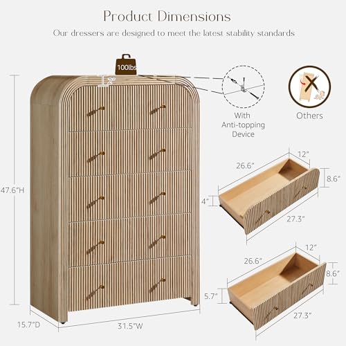 T4TREAM Fluted Dresser with 5 Drawers, 48" Tall Modern Chest of Drawers with Thickened Curved Profile Design, Wood Closet Clothes Storage Organizer for Bedroom, Living Room, Hallway, Natural Oak - color: Natural Oak, size: 15.7"D x 31.5"W x 47.6"H (5 Draw