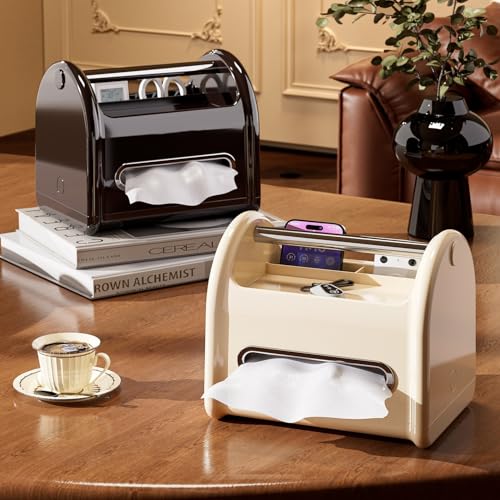 Tissue Box Cover Rectangular with Storage Tray, Multifunctional Facial Tissue Holder and Desk Organizer Napkin Holder - Phone Holder for Car Bathroom Office Living Room Bedroom - White - color: Cream White