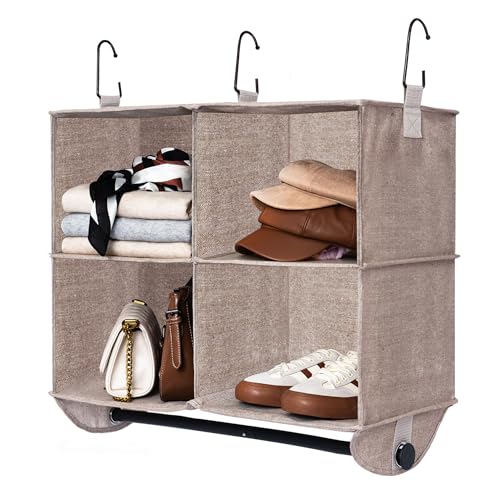 StorageWorks Hanging Closet Organizer with Metal Rod, 4-Section Closet Organizers and Storage, Collapsible Hanging Shelves for Baby Clothes, Shoes, Sweater Storage, Brown and Beige - color: Brown & Beige, size: 12¼"D x 24½"W x 28"H