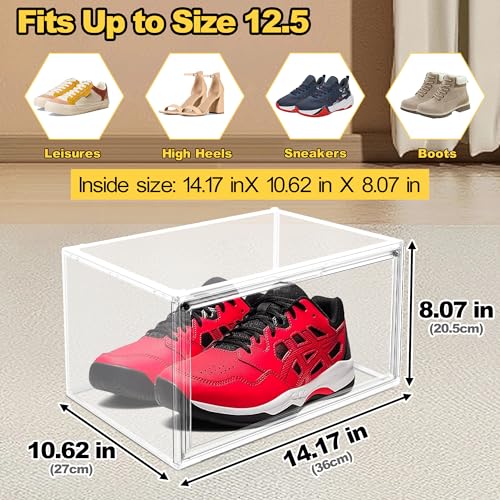 Clear Shoe Boxes Plastic Stackable ‌Shoe Cabinet‌ with Acrylic Magnetic Lids Drop Side Sneaker Display Case for Closet, Entryway, Fits Men's or Women's Shoes up to Size 12.5 (14.17''x10.62''x8.07'') - color: Clear, size: Medium-Large
