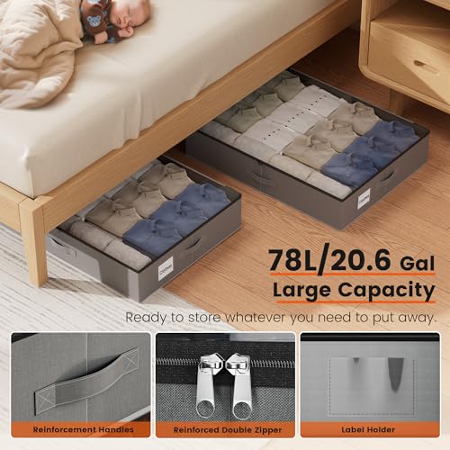 XXXL 78L Under Bed Storage, Storage Containers with Support & Clear Lid, Support Frame, Underbed Storage Bins for Clothes, Shoes, Blankets, and Toys 2 pack (78L) - size: 78L