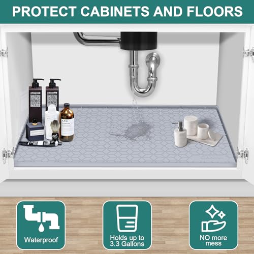 Under Sink Mat, 34" x 22" Waterproof Silicone Under Sink Tray for Kitchen & Laundry Cabinets, Kitchen Cabinet Shelf Protector, Up to 3.3 Gallons Liquid, Fits 36 inch Standard Cabinet Light Grey - color: Light Grey, size: 22"W x 34"L