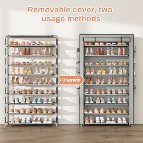 Shoe Rack with Cover, 10 Tier Shoe Organizer Storage for 40-50 Pairs Sneaker and Boots, Large Capacity, with 8 Pockets, Free Standing Tall Shoe Rack for Front Door Entrance, Closet, Grey - color: Grey