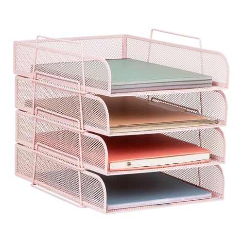 Mind Reader Stackable Paper Tray, Desktop Organizer, File Storage, Office, Metal Mesh, 10.5" L x 13.5" W x 11.25" H, 4 Pcs., Pink - color: Pink