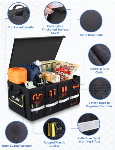 Oasser Car Trunk Organizer, 3 Compartments Collapsible Waterproof Car Organizer Storage with Foldable Cover, Reflective Strip, Non-Slip Bottom, 4 Mesh Pockets for SUV/Truck/Sedan/Camping/Road Trip - color: Black, size: Standard